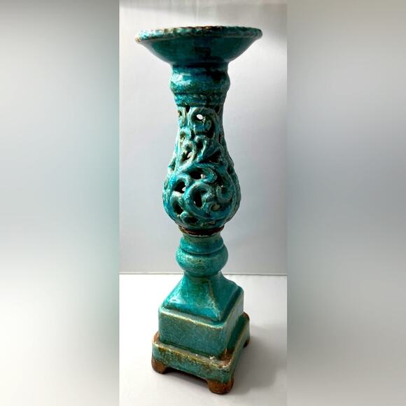 Ornate Tall Ceramic Clay‎ Candle Pedestal Teal Candleholder - Picture 1 of 5